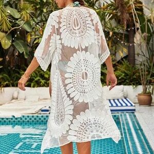 Rebellion Again | Pink Boho Lace Floral Duster/Kimono Beach Coverup